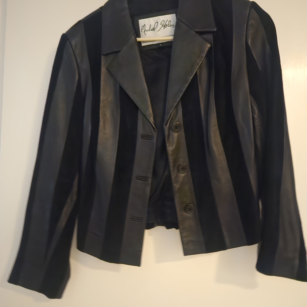 Michael Hoban Black and Gray Leather Blazer Luxury